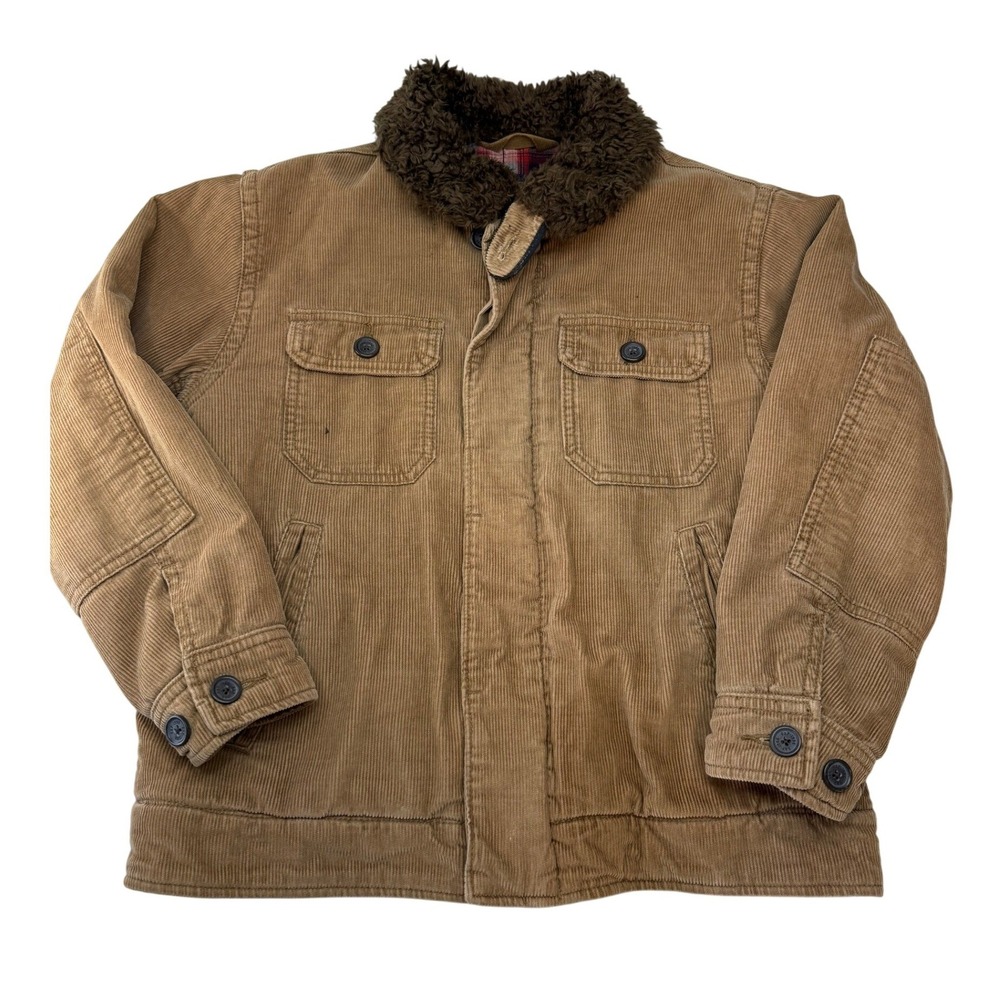 Gap Kids Tan Corduroy Barn Jacket Faux Fur Collar Plaid Lined Youth Medium 8